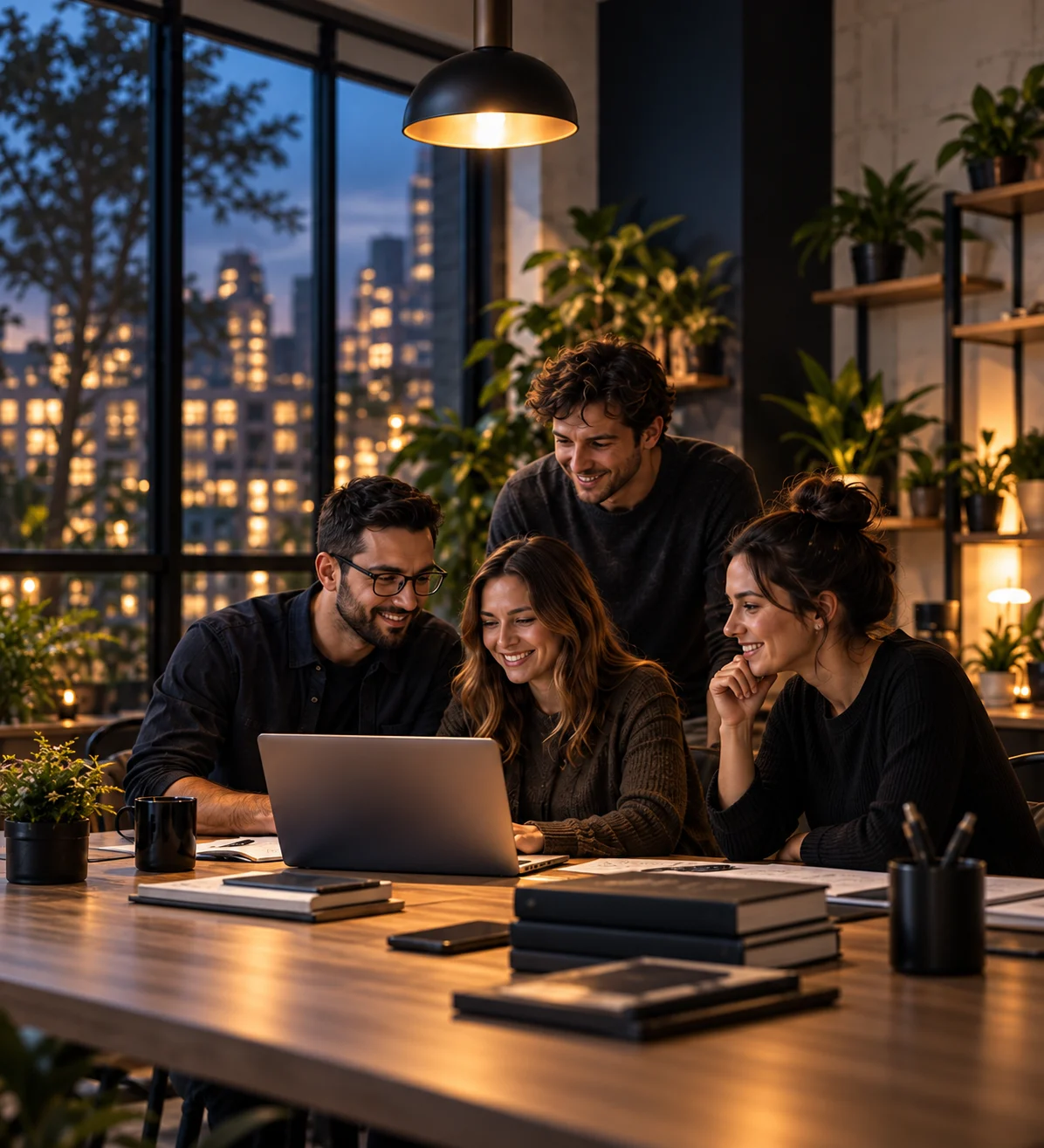Une équipe d'agence web moderne collaborant dans un studio lumineux