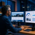 Un spécialiste web optimisant la vitesse et la performance au sein d'un studio moderne
