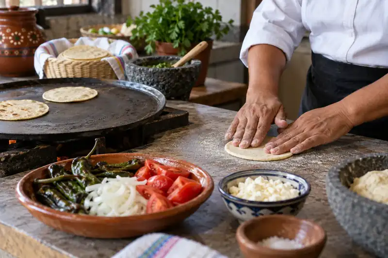 Chef hands pressing a corn tortilla beside prepared vegetables
